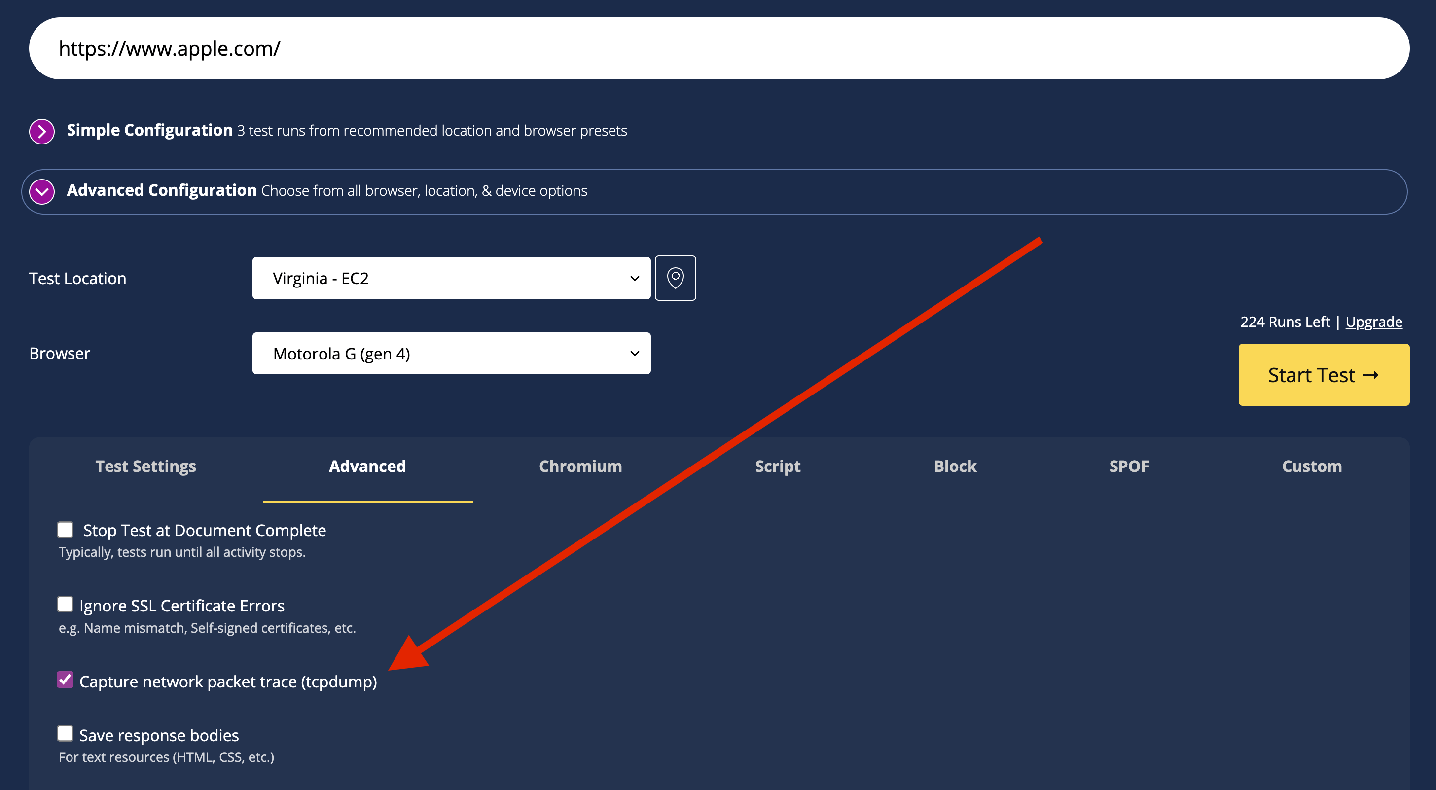 WebPageTest - "Capture network packet trace (tcpdump)" option