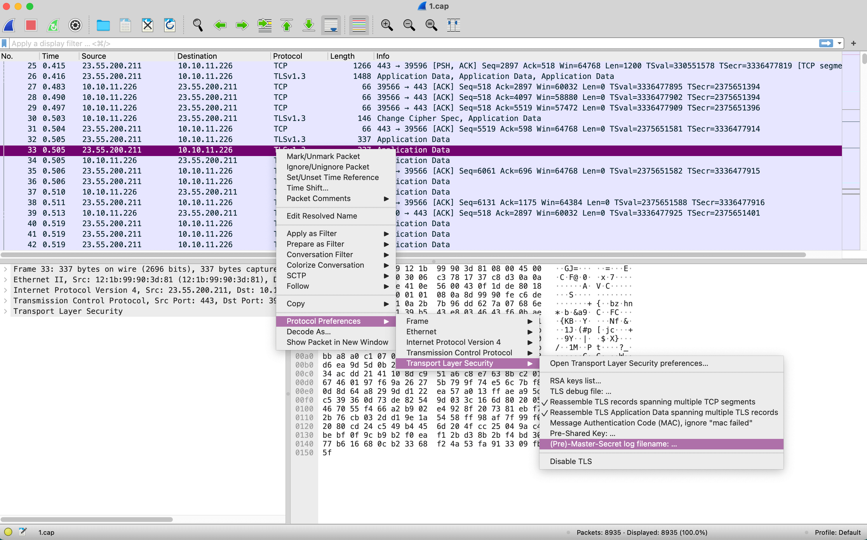Wireshark - TLS preferences menu